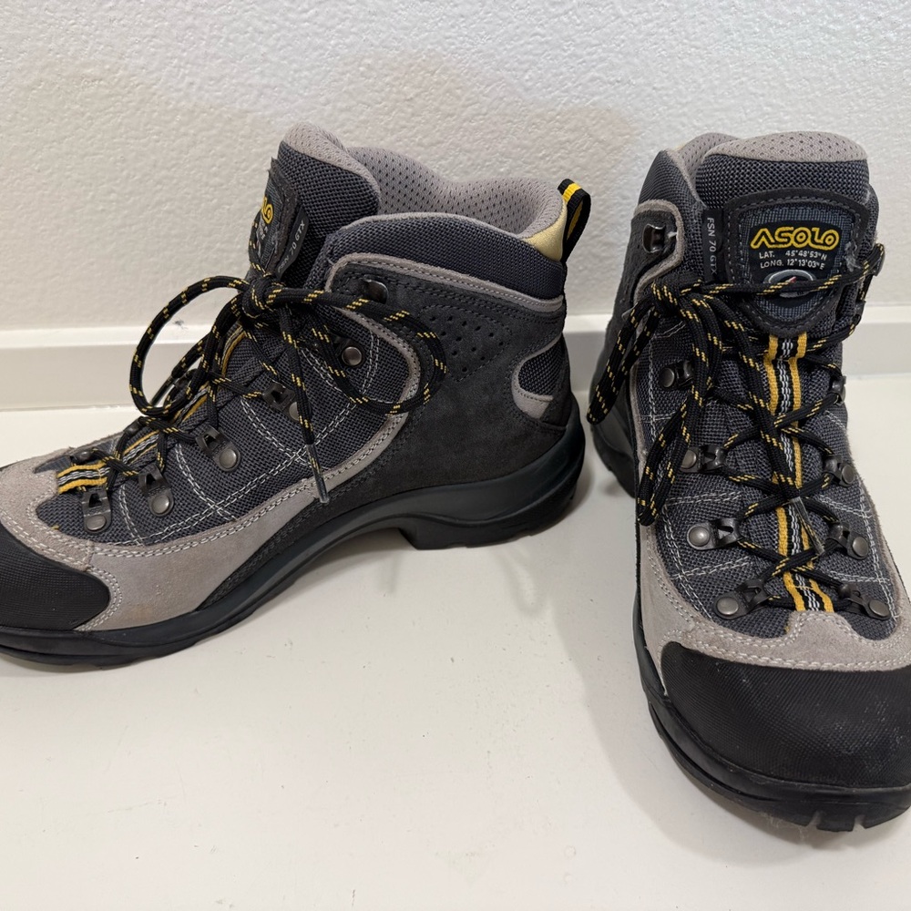Asolo Gray and Black Hiking Boots with Yellow Accents